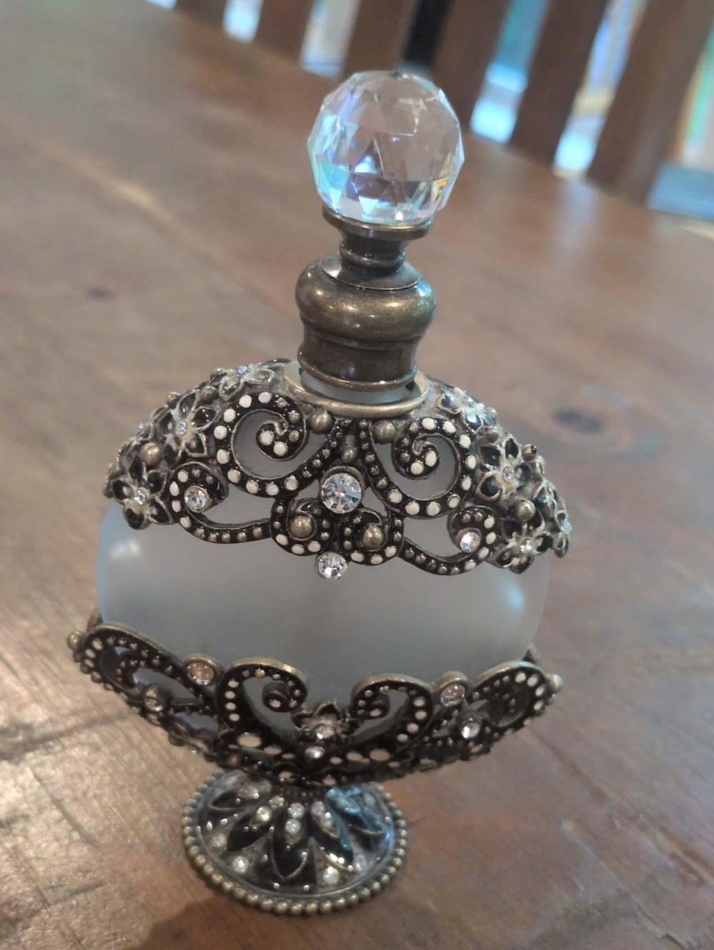 Ornate Crystal-Topped Frosted Glass Perfume Bottle